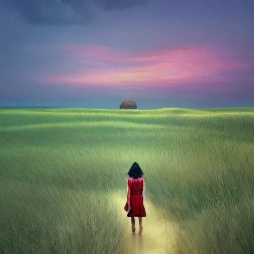 Image similar to portrait, giant dahlia flower head, girl walking between dunes, surreal photography, sunrise, blue sky, dramatic light, impressionist painting, digital painting, artstation, simon stalenhag