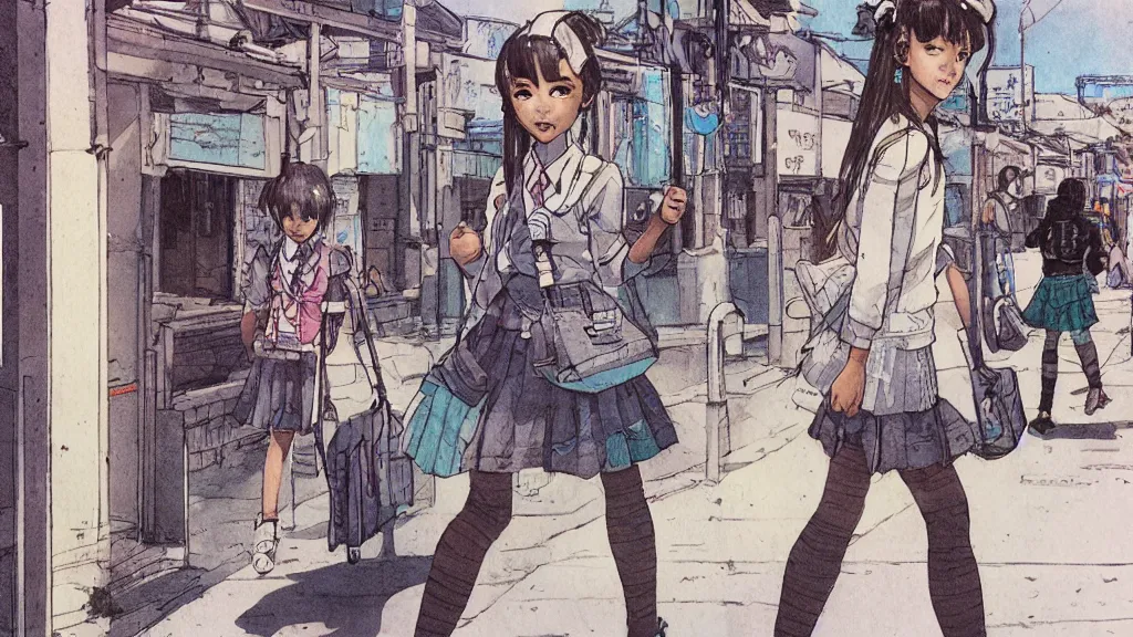 Image similar to cute schoolgirl walk in ghetto, in style of katsuya terada,