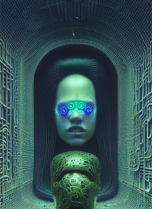 Image similar to wall, made out of eyes, flat, neon, RGB, glowing wires everywhere, pristine, by Edgar Maxence and Ross Tran, Zdzisław Beksiński, and Michael Whelan, gustav dore, H.R. Giger, 8k, octane render