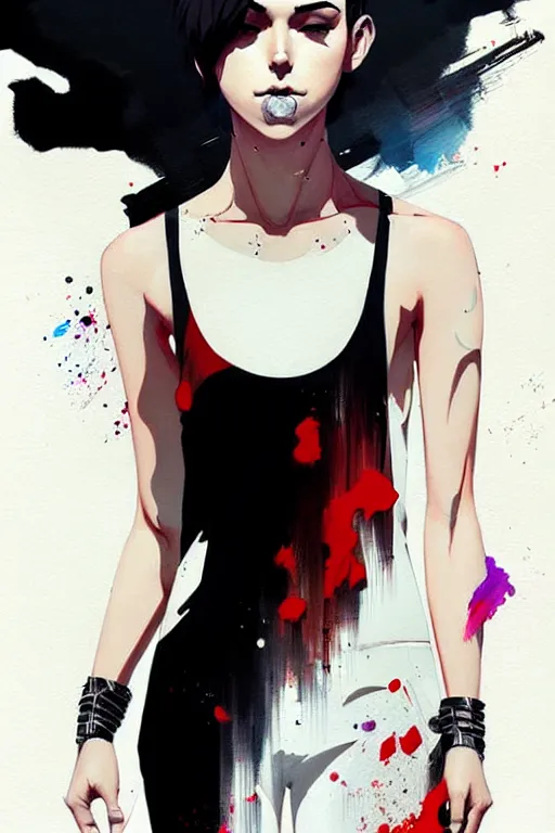 Prompt: a ultradetailed beautiful painting of a stylish woman with a white tank top, she has black wolfcut hair, by conrad roset, greg rutkowski and makoto shinkai trending on artstation