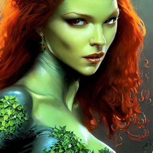 Prompt: poison ivy, fantasy character portrait, ultra realistic, concept art, intricate details, highly detailed, wide angle, by andrew robinson, gaston bussiere, craig mullins, simon bisley