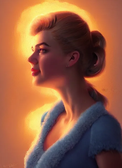 Image similar to portrait of betty cooper with fluffy bangs, bangs, 1 9 6 0 s, ponytail, curly bangs and ponytail, rounder face, intricate, elegant, glowing lights, highly detailed, digital painting, artstation, concept art, smooth, sharp focus, illustration, art by wlop, mars ravelo and greg rutkowski