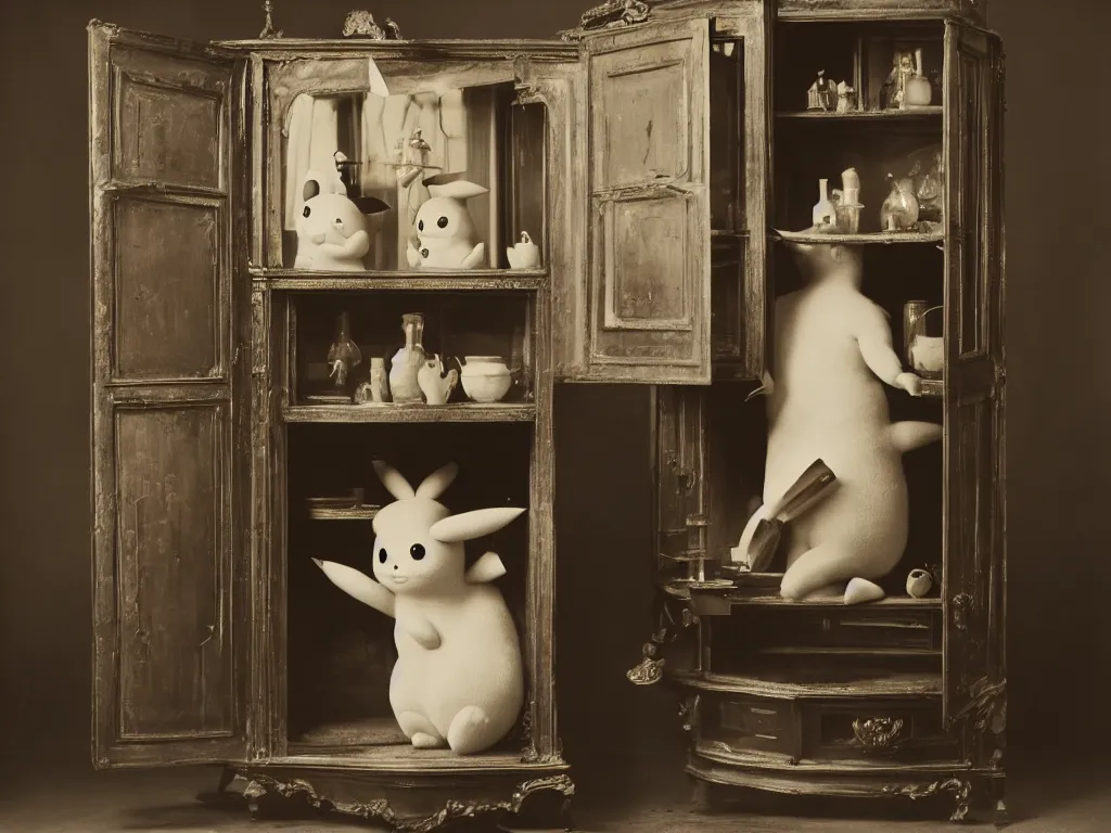 Prompt: old photography of pikachu in a victorian cabinet decor, man ray, alfred ghisoland, gregory crewdson, miss aniela, erwin olaf, 4 k