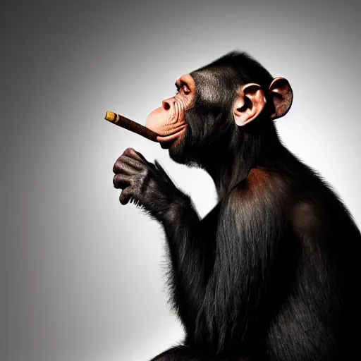 Image similar to A photograph of a chimp godfather, wearing a tuxedo, smoking cigar, dark background, studio lighting
