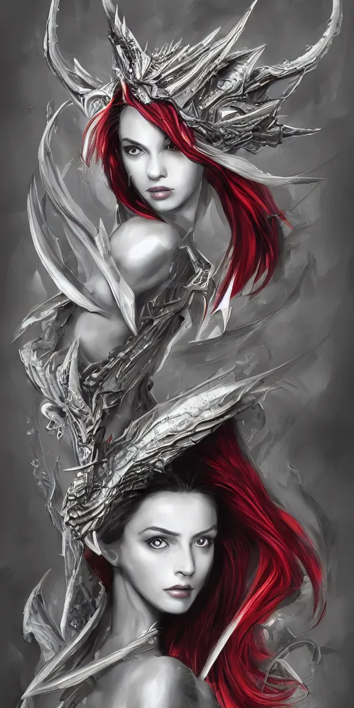 Image similar to 3/4 body portrait of the firedragon queen by artgerm, Dragon in dragon lair, HD, full body dragon concept, flying dragon, Human body with dragon features, beautiful queen, perfect face, fantasy, intricate, elegant, highly detailed, digital painting, artstation, concept art, smooth, sharp focus, illustration, ray tracing, 4k realistic 3d rendered portrait, soft shading, soft colors, relaxed colors, hyperdetailed, wide angle lens, fantasy, futuristic horror, armor style of giger