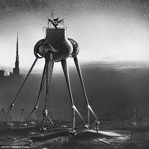 Image similar to three-legged robot from the story War of the Worlds by Herbert Wales, rises above the foggy city at night and shines searchlights on the ground in search of people, realism,