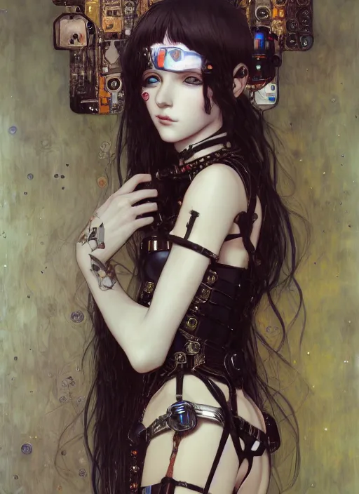 Image similar to portrait of beautiful young gothic maiden, cyberpunk, Warhammer, highly detailed, artstation, illustration, art by Gustav Klimt and Range Murata