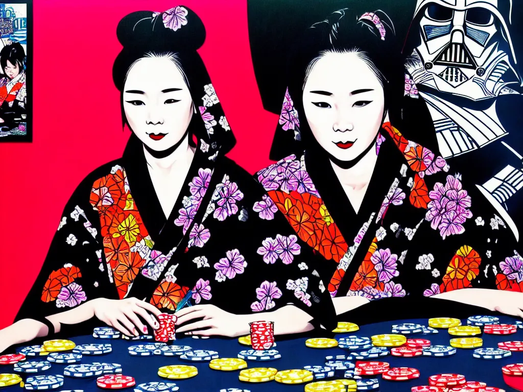 Image similar to hyperrealism composition of the detailed woman in a japanese kimono sitting at an extremely detailed poker table with darth vader, fireworks on the background, pop - art style, jacky tsai style, andy warhol style, acrylic on canvas