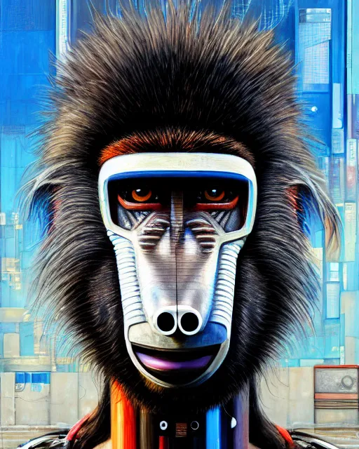 Prompt: a portrait of an anthropomorphic cyberpunk baboon by sandra chevrier, by jon foster, detailed render, tape deck, epic composition, cybernetics, 4 k realistic, cryengine, realistic shaded lighting, sharp focus, masterpiece, by enki bilal