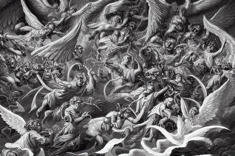 Prompt: hyper detailed digital illustration of angels battling demons