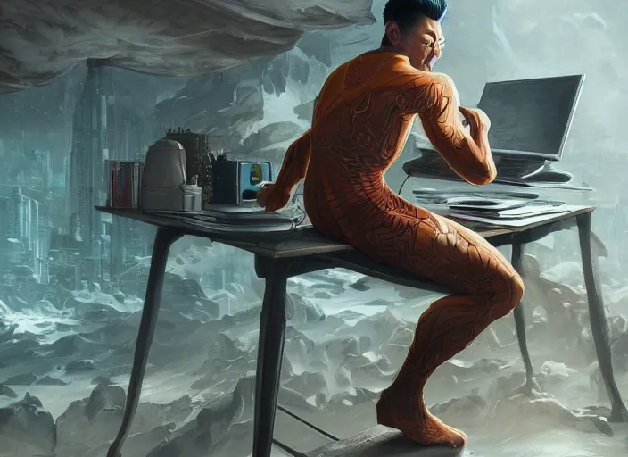 Image similar to an insanely detailed painting of an asian man wearing a homemade superhero costume, sitting at a desk, staring seriously at the computer and typing, in the style of peter mohrbacher, james jean, artgerm, dramatic lighting and composition, surreal background, octane render, pixar, trending on artstation, concept art, comic book, view from behind, 8 k