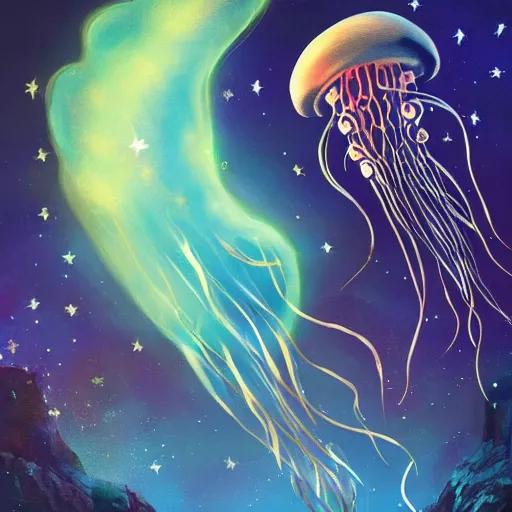 Image similar to over the shoulder painting of a man watching many magic glowing jellyfish in glowing cosmic stardust, colorful stars, galaxies, space, award winning photo, intricate, high detail, atmospheric, desolate, artstation