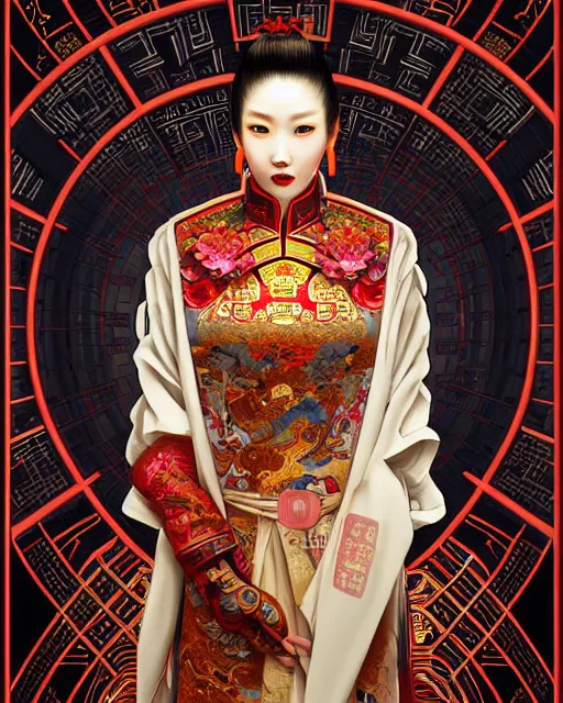 Image similar to portrait of a chinese cyberpunk machine, machine face, robed, upper half portrait, decorated with chinese opera motifs, regal, asian, fine china, wuxia, traditional chinese art intricate intense elegant 京 剧 highly detailed digital painting artstation concept art smooth sharp focus illustration, art by artgerm and greg rutkowski alphonse mucha 8 k