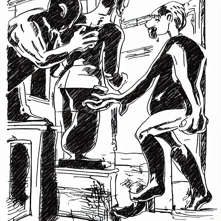 Prompt: a still frame from comic strip two person looking at the sculpture 1 9 9 0, new yorker illustration, monochrome contrast bw, lineart, manga