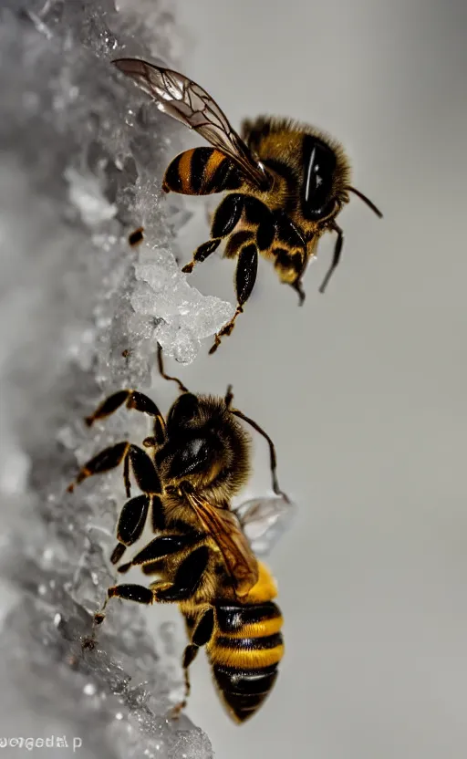 Image similar to the last bee entrapped under a layer of ice, beautiful macro photography, cold ambient light