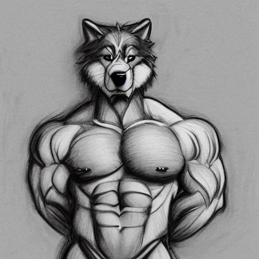 Image similar to master furry artist pencil drawing full body portrait character study of the anthro male anthropomorphic wolf fursona animal person wearing gym shorts bodybuilder at gym