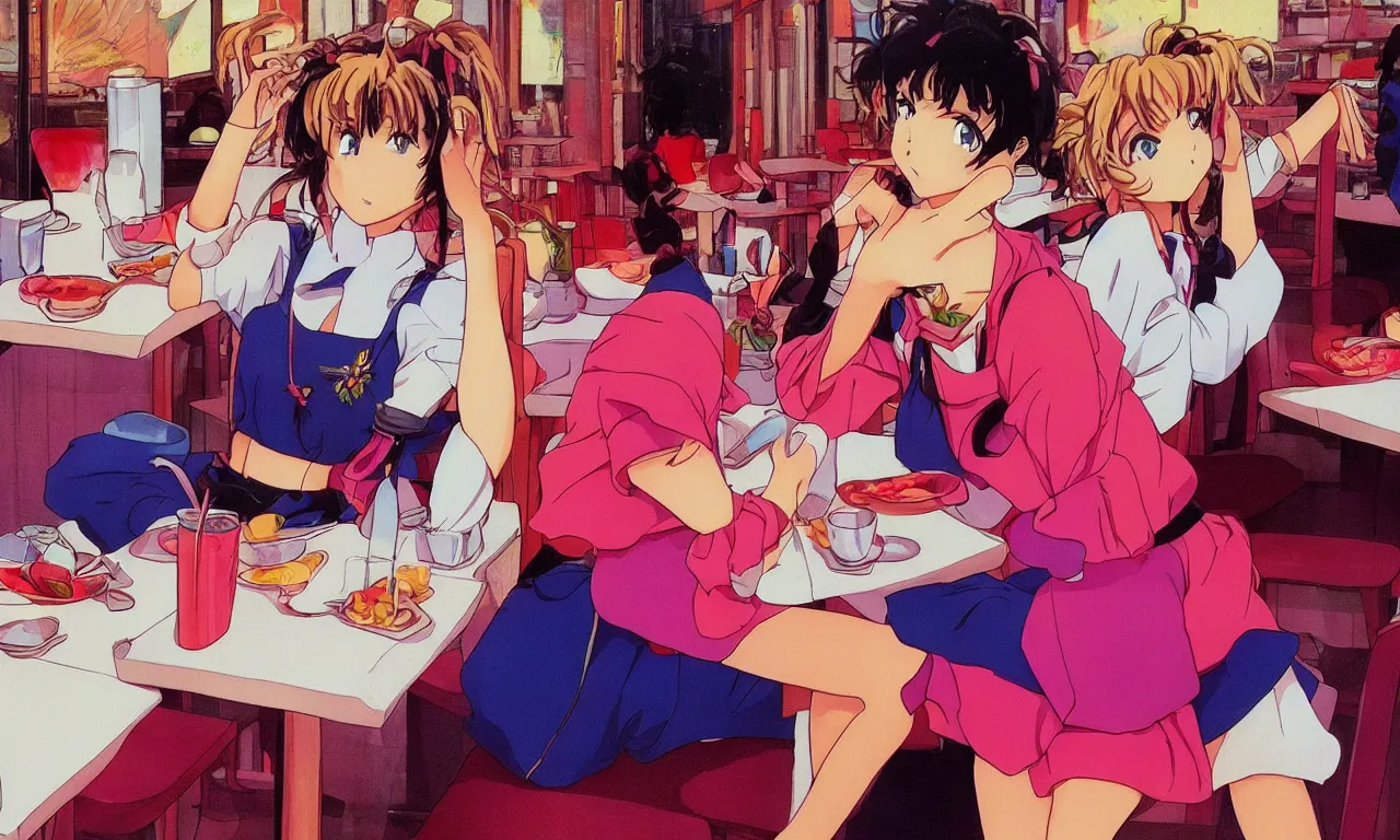 Prompt: 8 0 s anime girl sitting in thai restaurant nice aesthetic