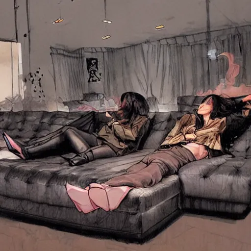 Image similar to a huge smoky room filled with females lounging on couches, artist kim jung gi,