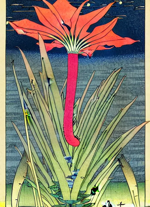 Image similar to fantasy scientific botanical trading card illustration of a colorful carnivore plant in the desert ,Ukiyo-e, isometric view, diego rivera