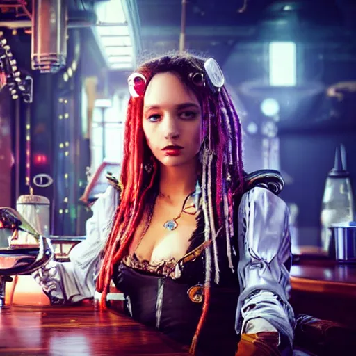 Image similar to a high quality portrait of a beautiful female pirate in a cyberpunk cafe realism 8k