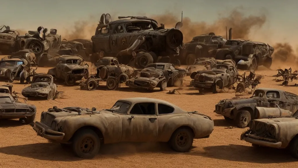 Image similar to pixar cars in mad max fury road, cartoon eyes, war boys, furiosa, explosions, imax