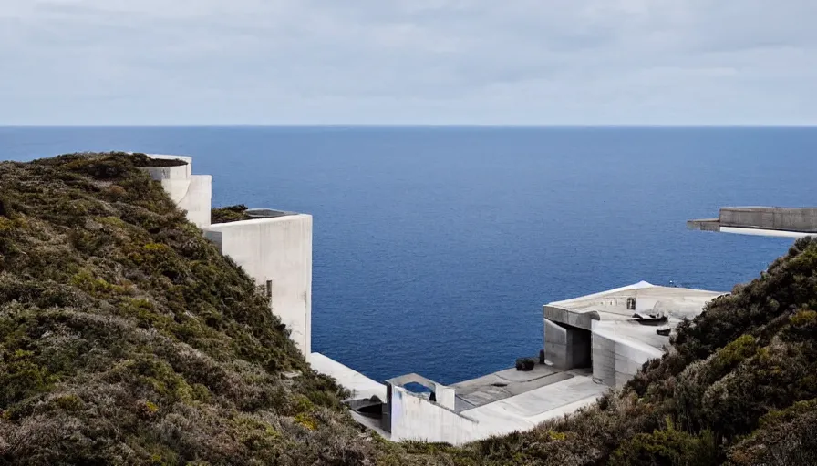 Image similar to big military base perched on a cliff overlooking a magnificient bay, drawing architecture, pritzker architecture prize, greig fraser