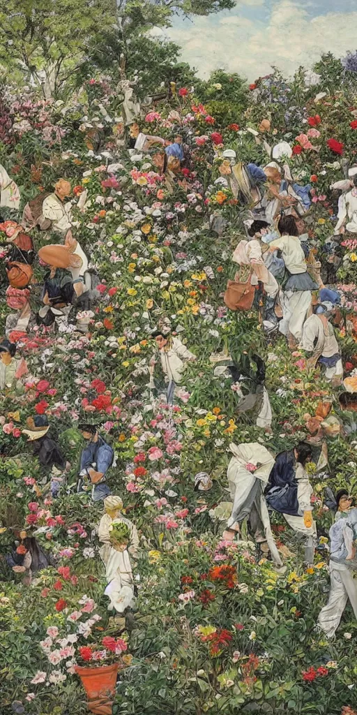 Image similar to oil painting scene from gardeners crowd in the flower garden by kim jung gi