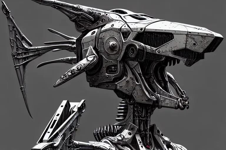 Image similar to pterodactyl in a winged cyborg mech suit, by alexandre ferra, zezhou chen, peter gric, mohamed reda and hr giger, hyper detailed line art, screen print, character concept art, realistic, coherent, octane render, zbrush central, behance hd, hypermaximalist