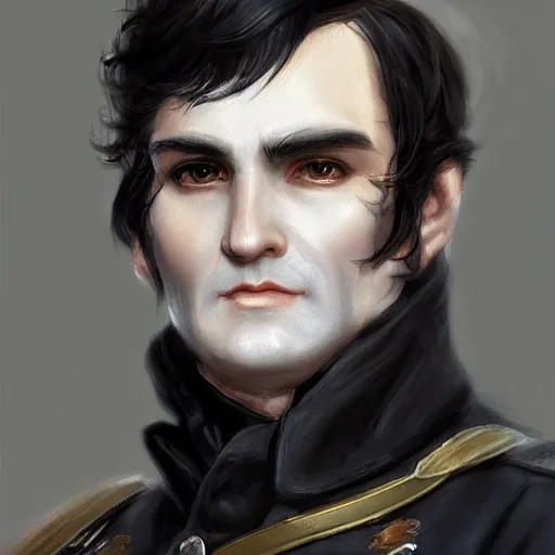 Image similar to a clean shaven confederate general with puffy black sideburns short black hair and a square face, an english man, dnd character art, painting by artgerm and ed binkley, HDR color