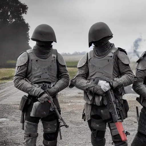 Image similar to British mercenaries wearing grey body armor with grey helmets smoking cigarettes in the aftermath of a bloody battle, photo by Adam Ferguson, Pulitzer Winning, cinematic composition, breathtaking, modern, 2022