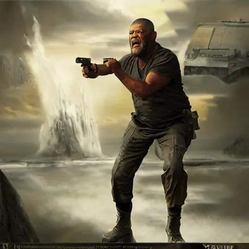 Image similar to a beautiful matte painting of laurence fishburne in an action movie, by steve argyle and mark arian