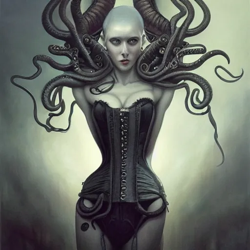 Prompt: by Tom Bagshaw, ultra realist soft painting of lovecraft and giger world of curiosities, single female in a corset, tentacles, partial symmetry accurate features, very intricate details, focus, curvy, award winning, ultra dense fog