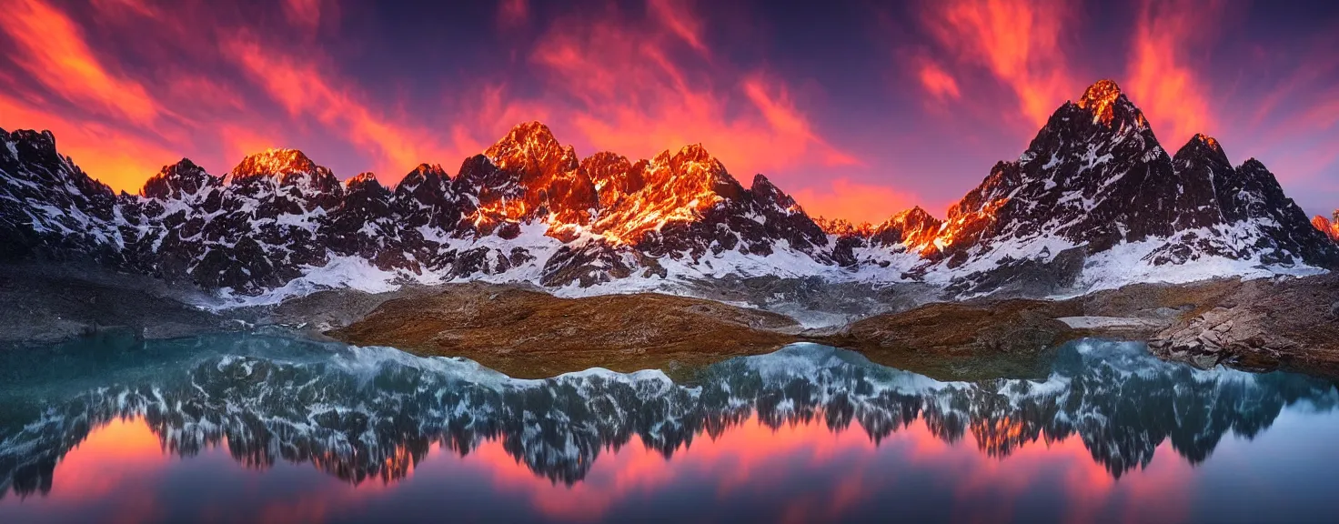 Image similar to amazing landscape photo of mountains with lake in sunset by marc adamus, beautiful dramatic lighting