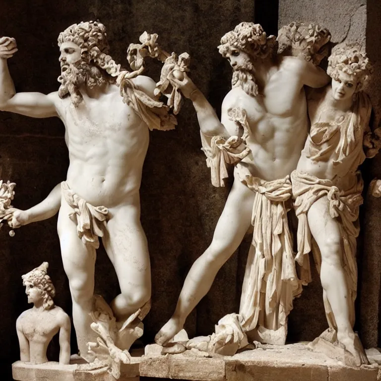 Image similar to at the rave, Dionysus drinks wine to forget his painful memories, ancient greek sculpture