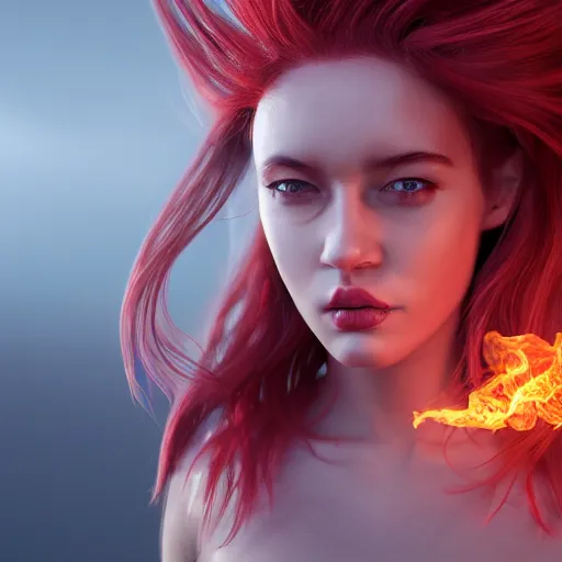 Prompt: Flame Dragon princess human, digital art, 8k ,character ,realistic, portrait,hyperrealistic,octane render