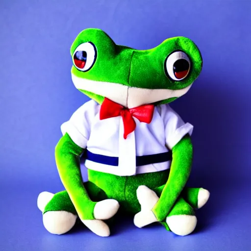 Prompt: stuffed animal frog wearing a sailor suit, cute, plushie photography,