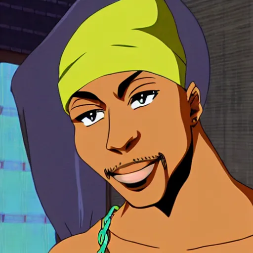 Image similar to Tupac Shakur, screenshot from a 2012s anime