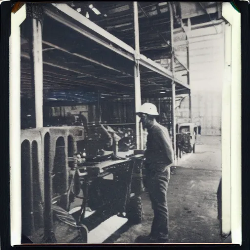 Image similar to a polaroid photo of man doing sort things into sort machines in warehouse, he's wearing blue cloth and construction hat,, photo from behind, highly details, perfect face shape, cinematic lighting,