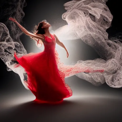 Image similar to manshaped swirling smoke beside woman dancing underwater wearing a flowing red dress made of seaweed, large school of tiny silver fish in the background, octane render, caustics lighting from sunlight above, cinematic