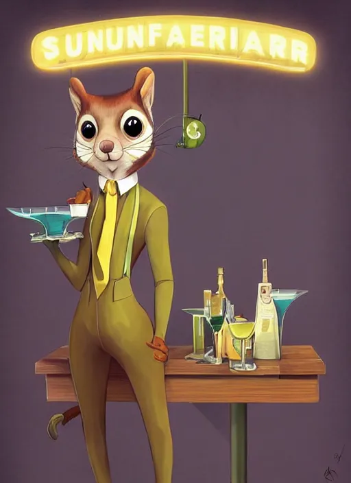 Image similar to squirrel anthro as a dapper bartender with a big, fluffy tail, retro futurism, art deco, detailed painterly digital art style by WLOP and Cory Loftis, 🐿🍸🍋, furaffinity, trending on artstation