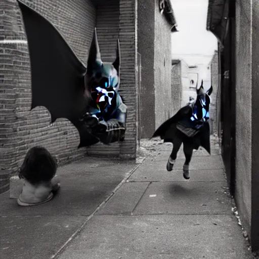 Image similar to batman beating up crying children in an alleyway caught on camera, photography, canon