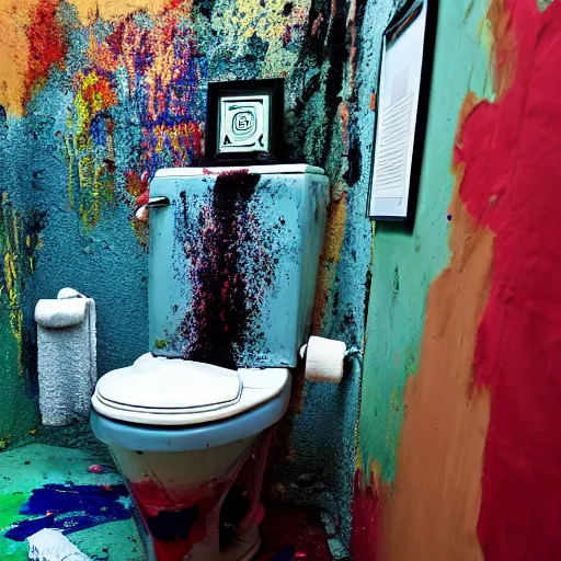 Prompt: photograph of a toilet. the toilet is covered in paint.