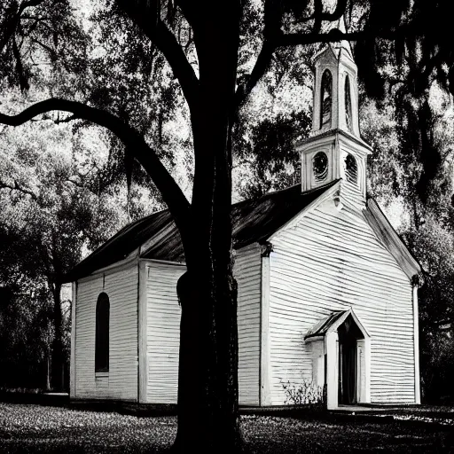 Prompt: picture of an old wooden white church, 1 9 th century southern gothic scene, made by chris friel