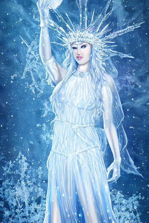 Prompt: realistic photograph of ice queen covered in ice crystals, highly detailed,