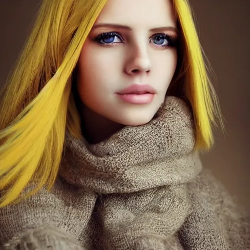 Prompt: beautifull women with brown eye, yellow hair, wearing soft clothes