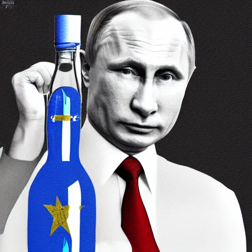 Image similar to vladimir putin wearing a mini skirt and holding a bottle of arak, cinematic, beautiful digital painting, hyper detailed