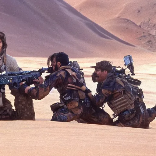 Image similar to special forces muppets fighting in a desert. photograph from action movie.