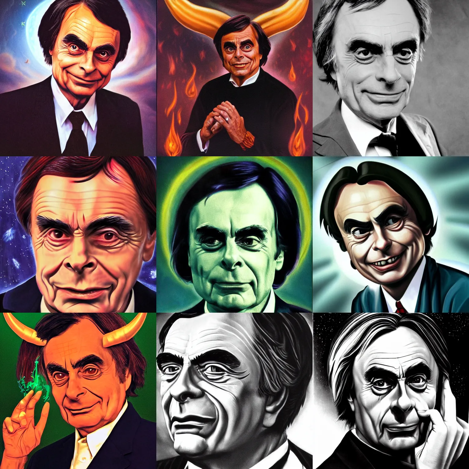 Prompt: Satanic Carl Sagan, portrait. evil. horns. flames. hyper realistic