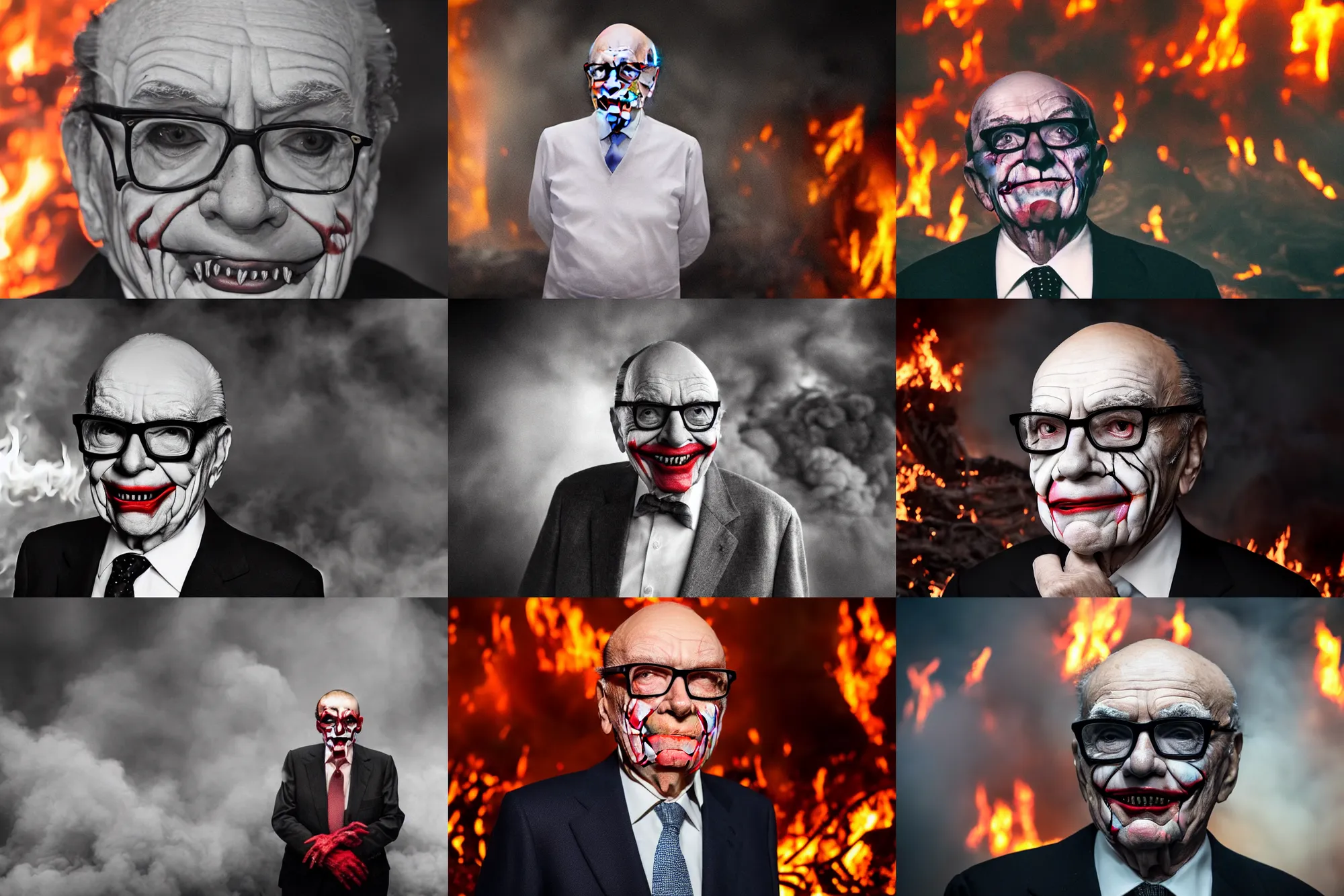 Prompt: Rupert Murdoch wearing glasses and makeup like The Joker, Joker makeup, standing in hell surrounded by fire and flames and lava and brimstone and his demonic army, volumetric fog, portrait photography, depth of field, bokeh