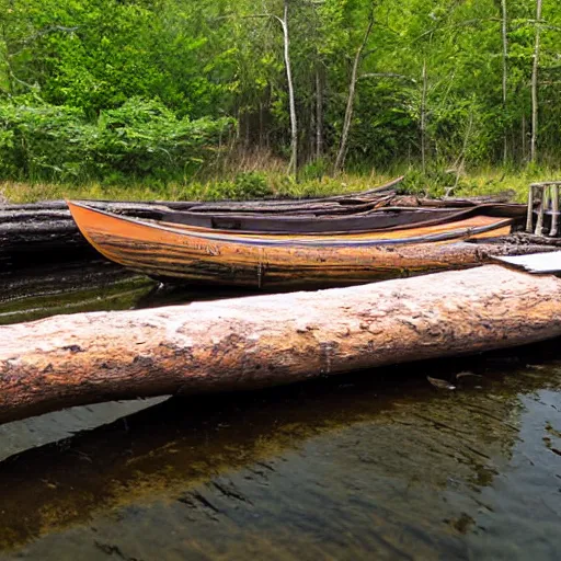 Prompt: primitive wooden dock on a lake coast with primitive rowboats docked at it, bushcraft, made of logs